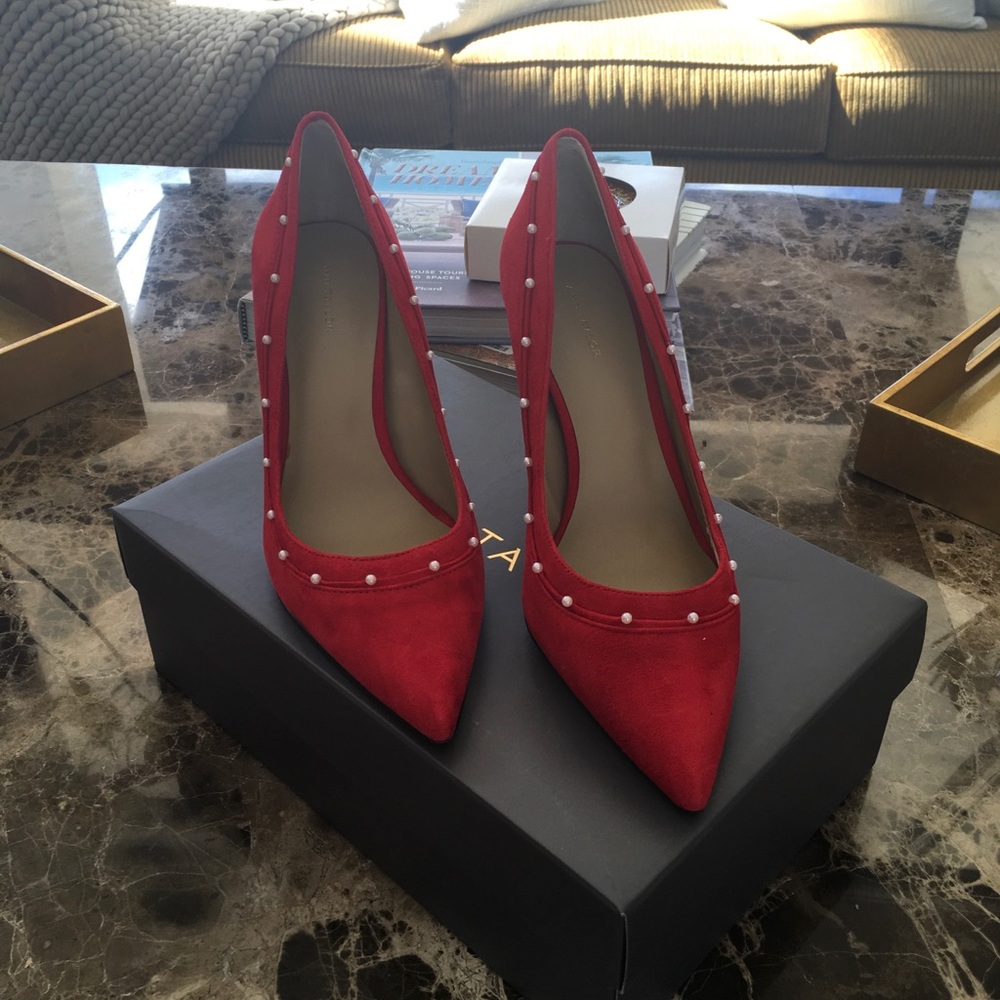 Ann Taylor Red Pointed-Toe Suede Pumps with Pearl Trim